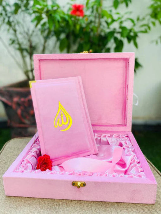 Gifts Quran Large Size with wooden Rehal Box Acrylic on Box (Pink Color)