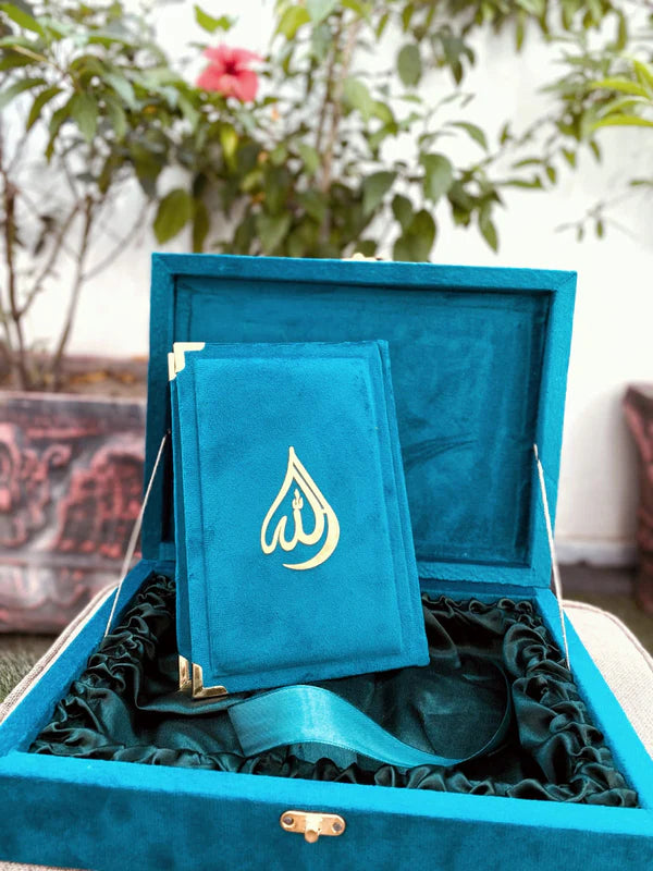 Velvet Fancy Quran with beautiful Rehal Box ( Sea Green)